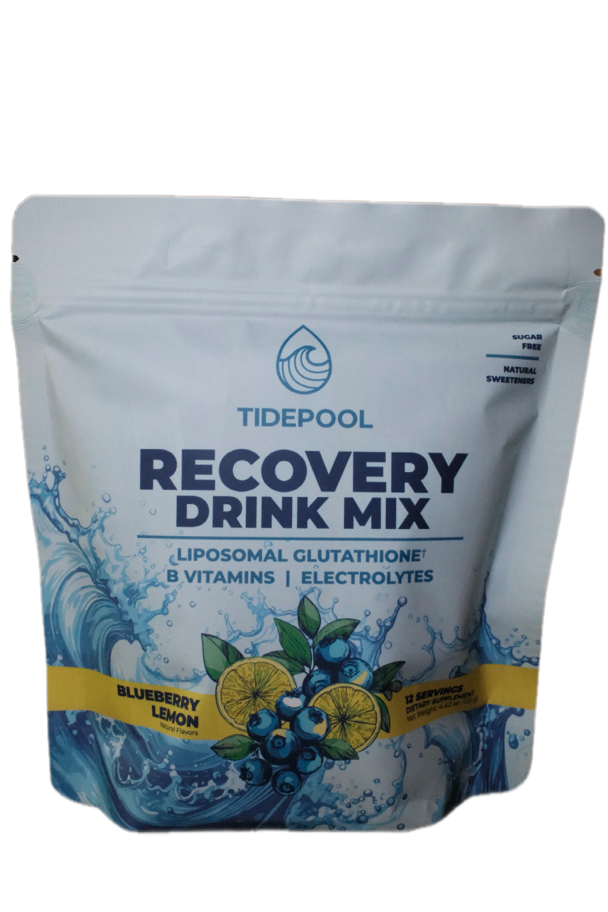 A stand-up pouch of Tidepool Recovery Drink Mix in Blueberry Lemon flavor, featuring a white background with blue splash graphics, blueberry and lemon illustrations, and the Tidepool logo.