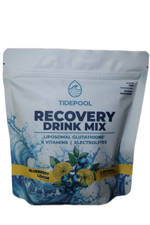 A stand-up pouch of Tidepool Recovery Drink Mix in Blueberry Lemon flavor, featuring a white background with blue splash graphics, blueberry and lemon illustrations, and the Tidepool logo.