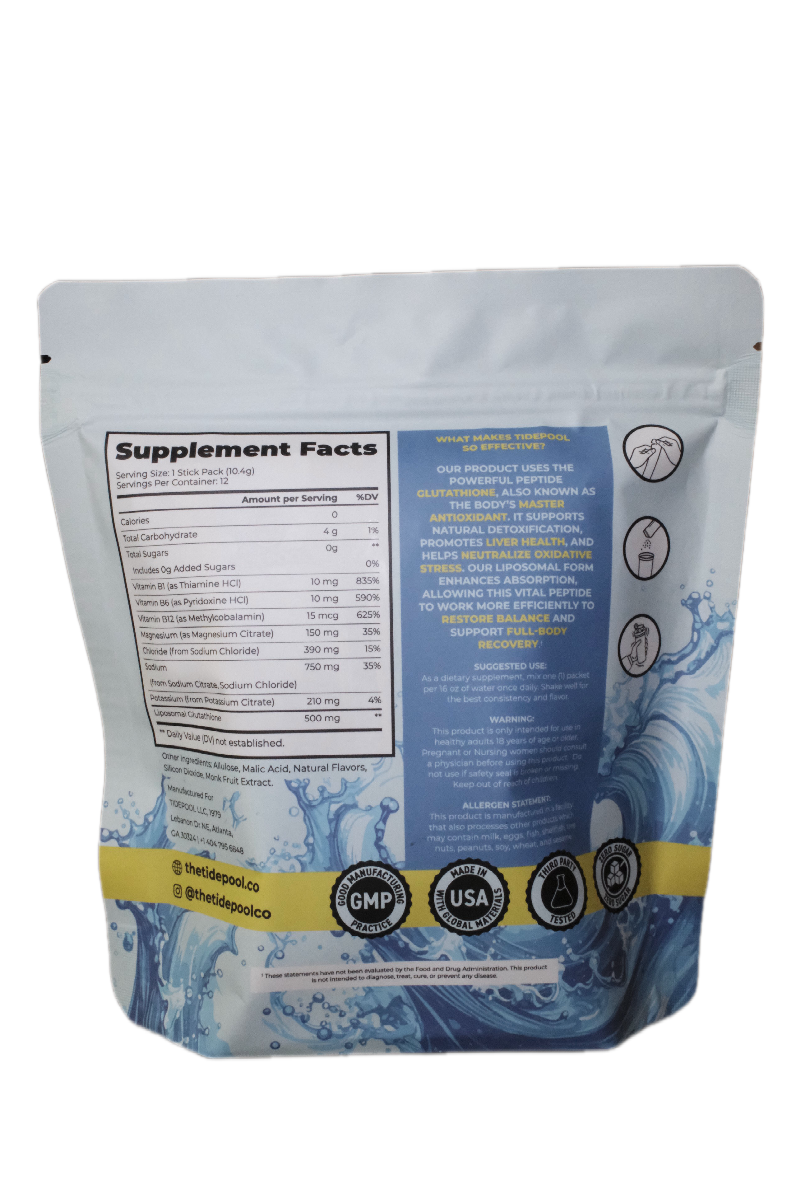 A stand-up pouch of dietary supplement powder with a white and blue wave design, showing the Supplement Facts panel on the back. The packaging features a yellow band near the bottom with social handles and circular certification logos.