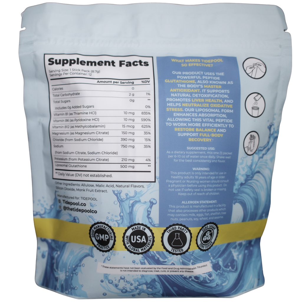 Supplement package with blue and white design, showing 'Supplement Facts' and certification logos.