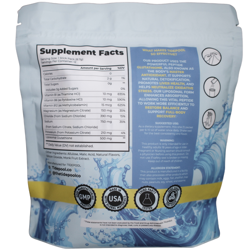 Supplement package with blue and white design, showing 'Supplement Facts' and certification logos.