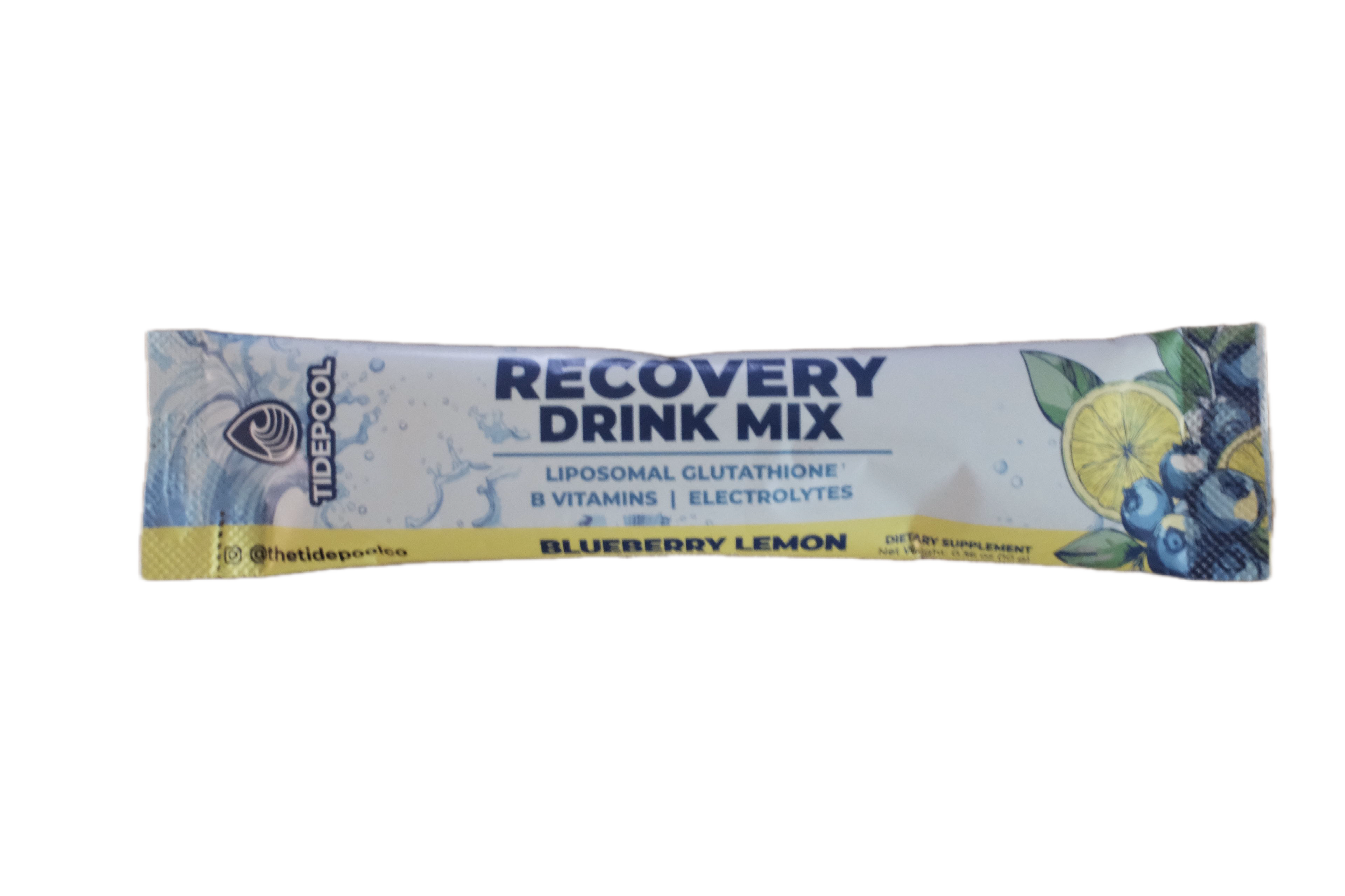 A single packet of Tidepool Recovery Drink Mix in Blueberry Lemon flavor, featuring a white and blue design with illustrations of blueberries and a lemon slice.
