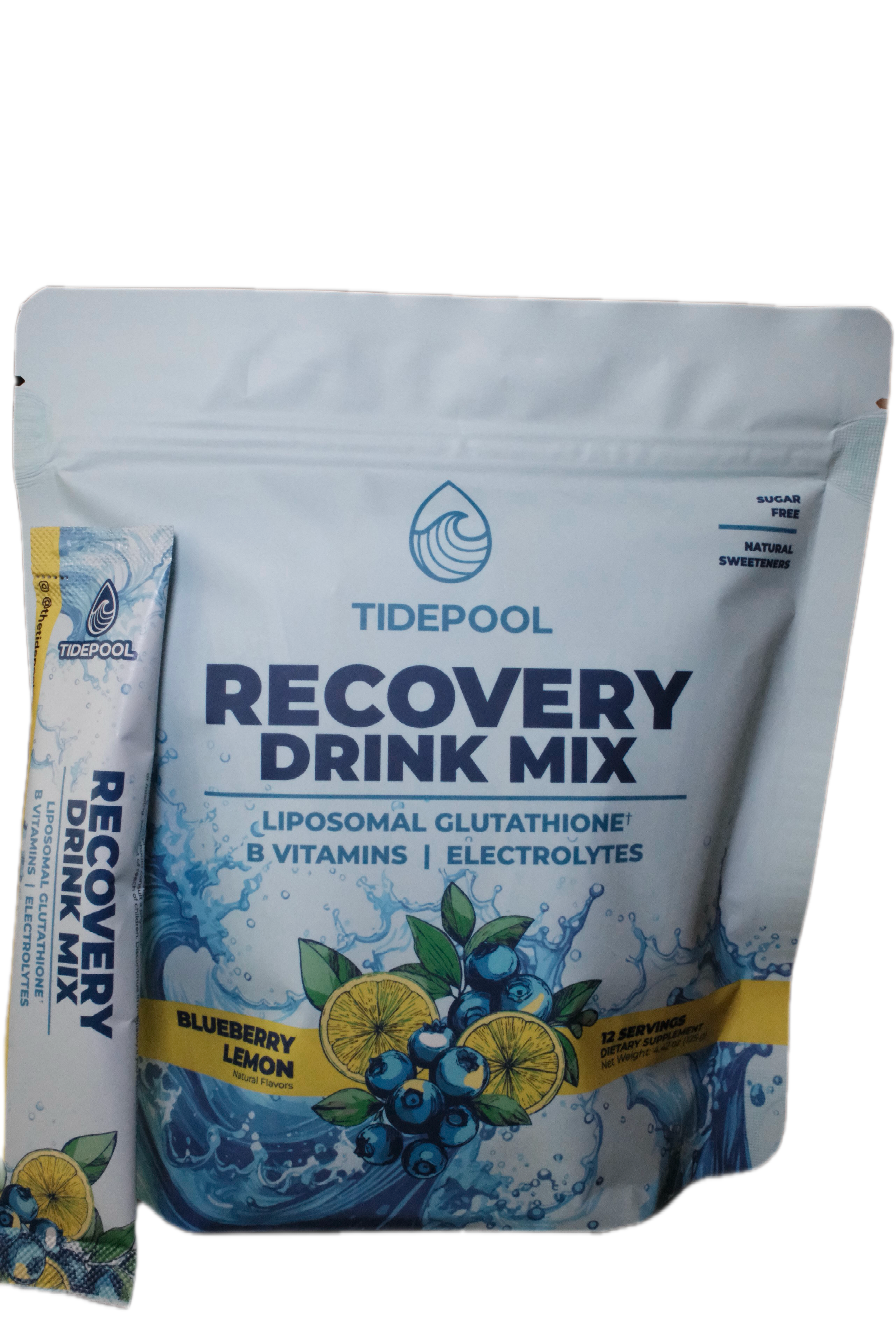 A stand-up pouch of Tidepool Recovery Drink Mix in Blueberry Lemon flavor, shown with a single stick pack beside it on a plain white background.