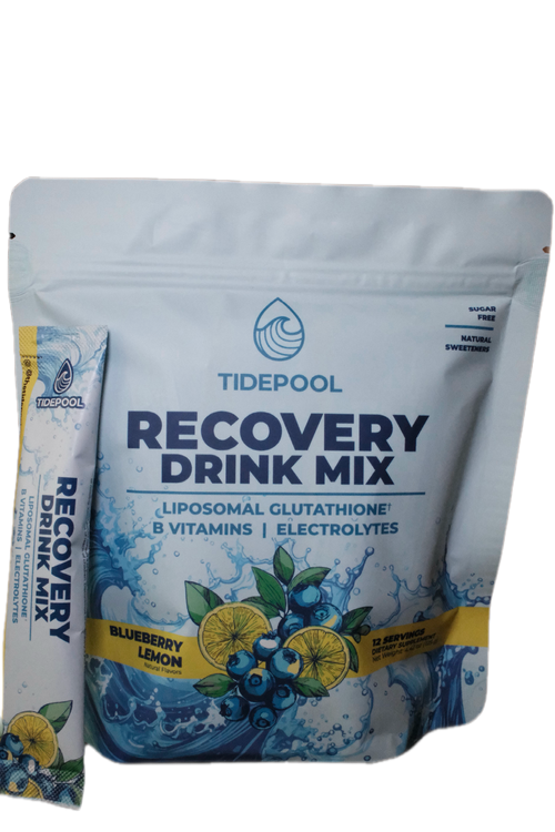 A stand-up pouch of Tidepool Recovery Drink Mix in Blueberry Lemon flavor, shown with a single stick pack beside it on a plain white background.