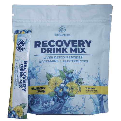 Tidepool Recovery Drink Mix package with blueberry lemon flavor on a white background