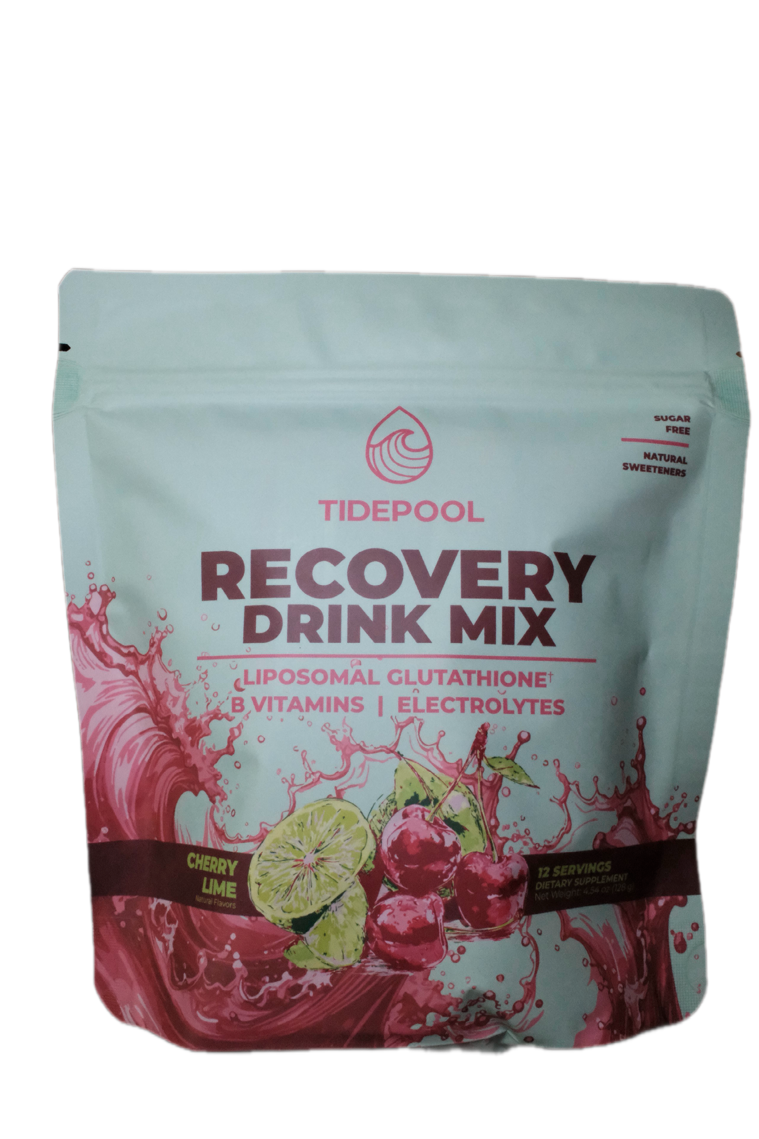 A stand-up pouch of Tidepool Recovery Drink Mix in Cherry Lime flavor, featuring a light blue-green background with dark red text and graphics, and illustrations of cherries and lime slices.