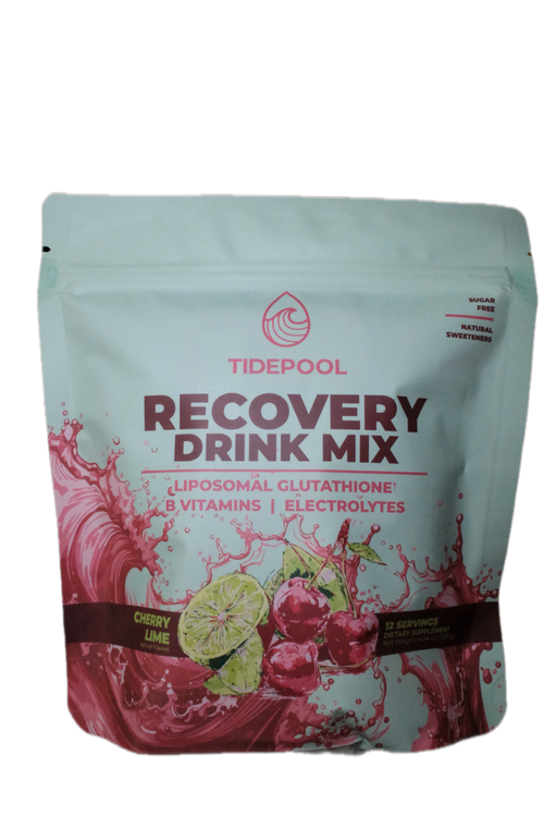 A stand-up pouch of Tidepool Recovery Drink Mix in Cherry Lime flavor, featuring a light blue-green background with dark red text and graphics, and illustrations of cherries and lime slices.