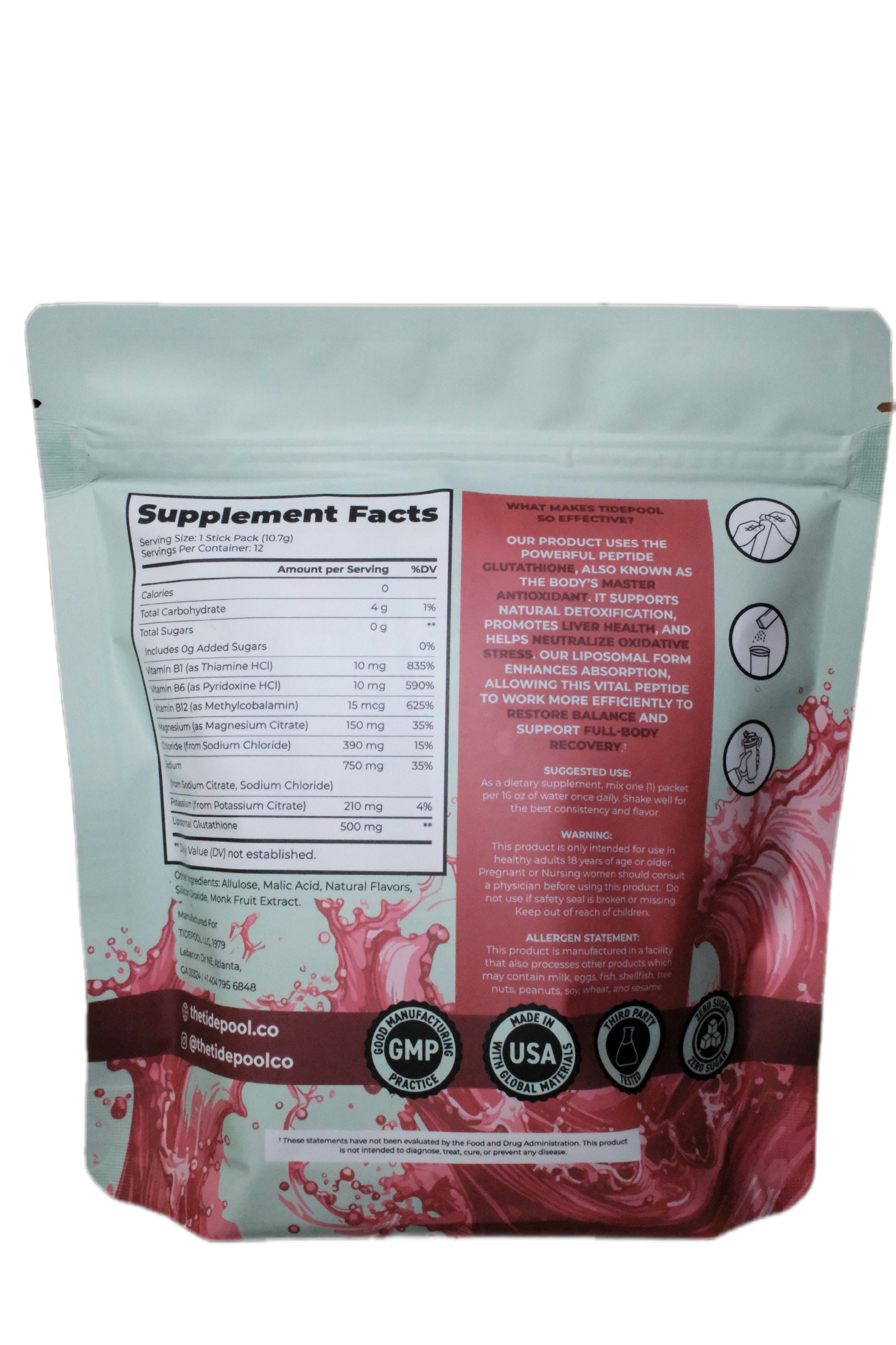 The back of a stand-up pouch package for 'The ApooCo' brand, featuring a white background with a large pink and red splash graphic and a visible Supplement Facts panel.