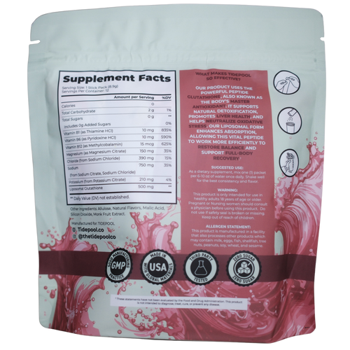Supplement package with pink liquid design and supplement facts label on a white background