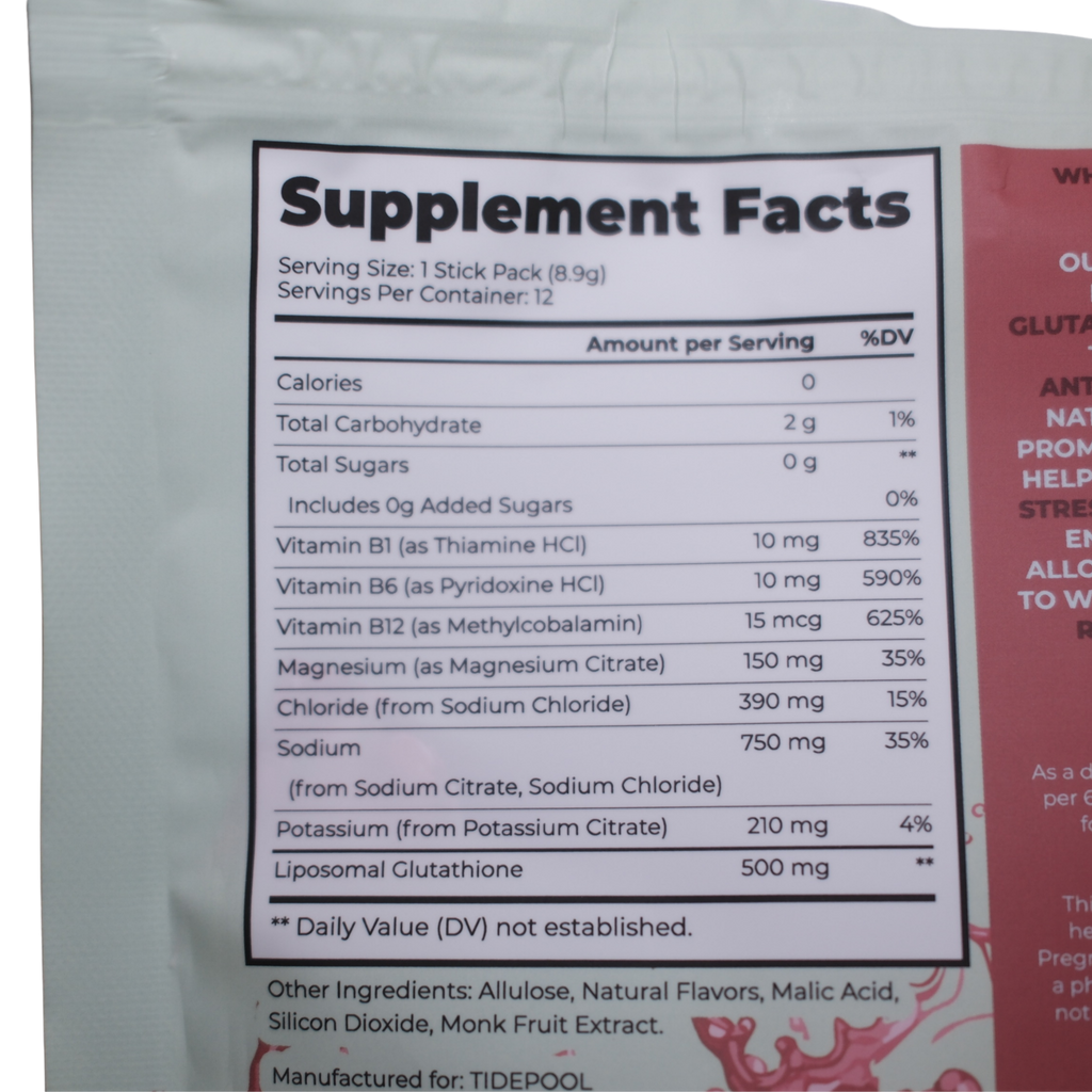 Supplement facts label on a package with visible branding.