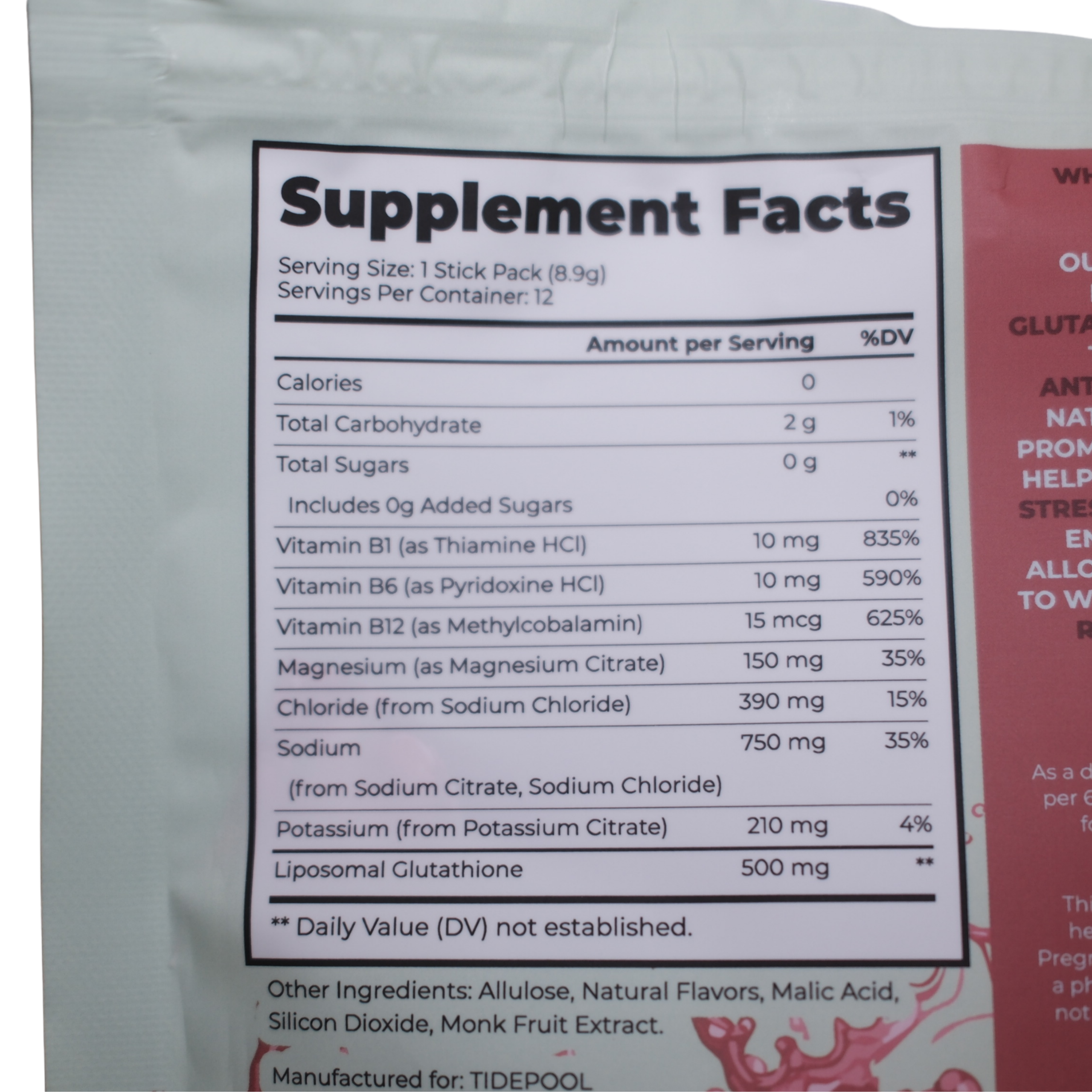 Supplement facts label on a package with visible branding.