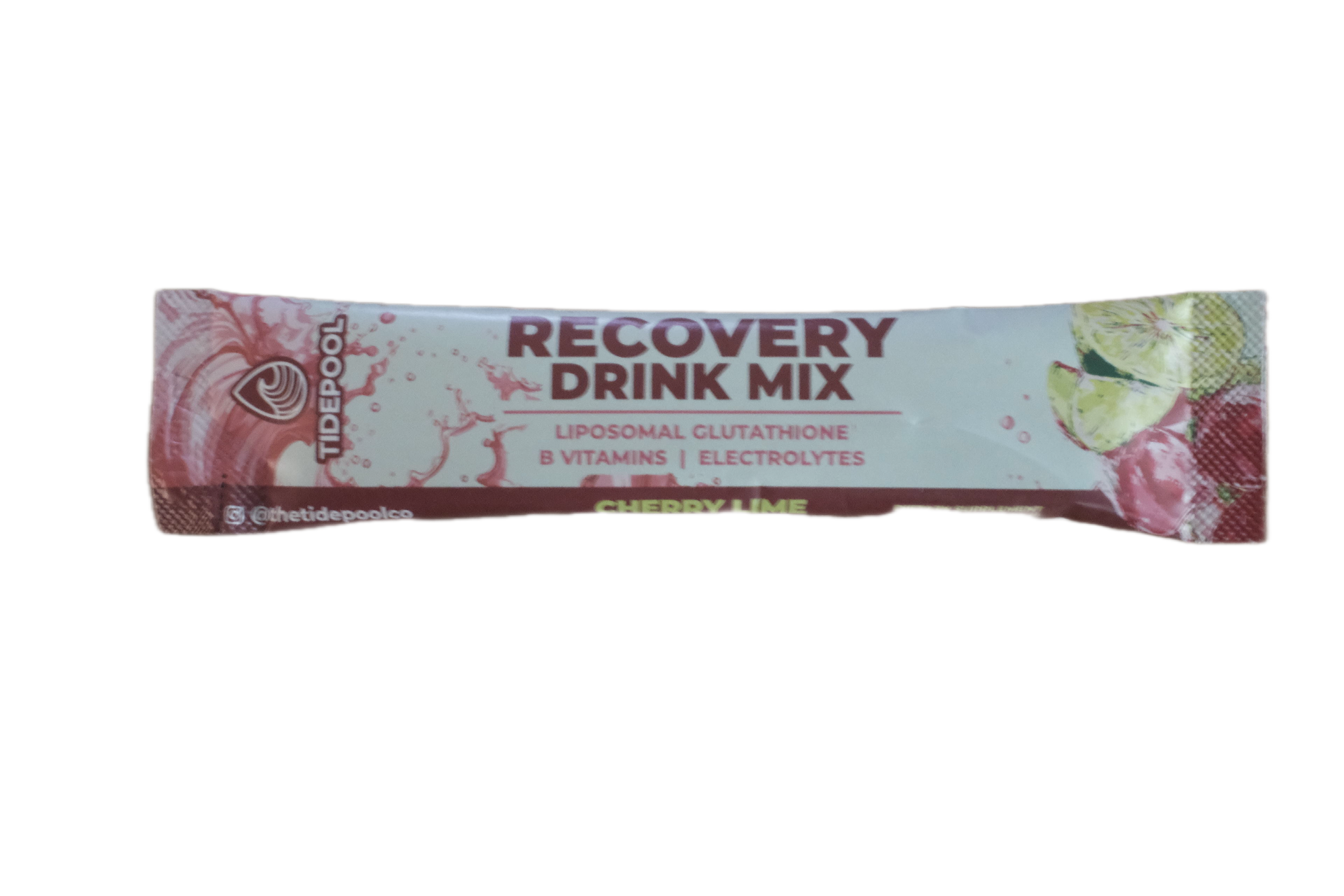 A single-serve stick pack of Tidespool Recovery Drink Mix in Cherry Lime flavor, featuring a white and dark red wrapper with illustrations of a cherry and lime slices.