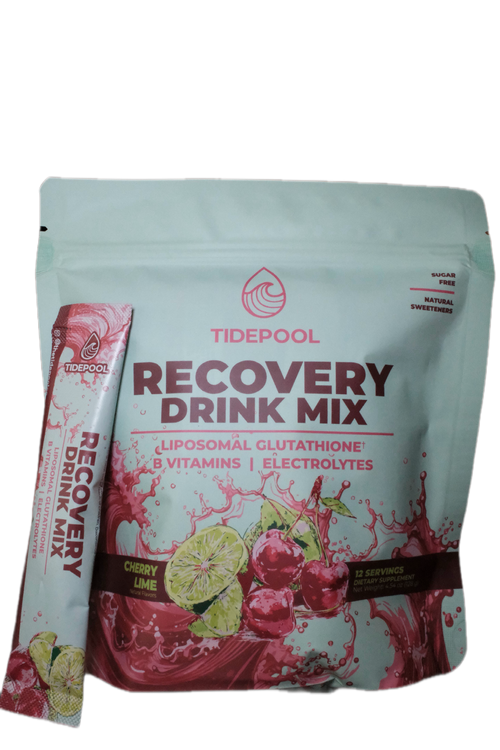 Tidepool Recovery Drink Mix in a light aqua stand-up pouch with cherry lime flavor graphics, shown with a single stick pack beside it on a plain white background.
