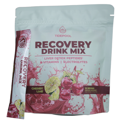 Tidepool Recovery Drink Mix package with cherry lime flavor on a white background