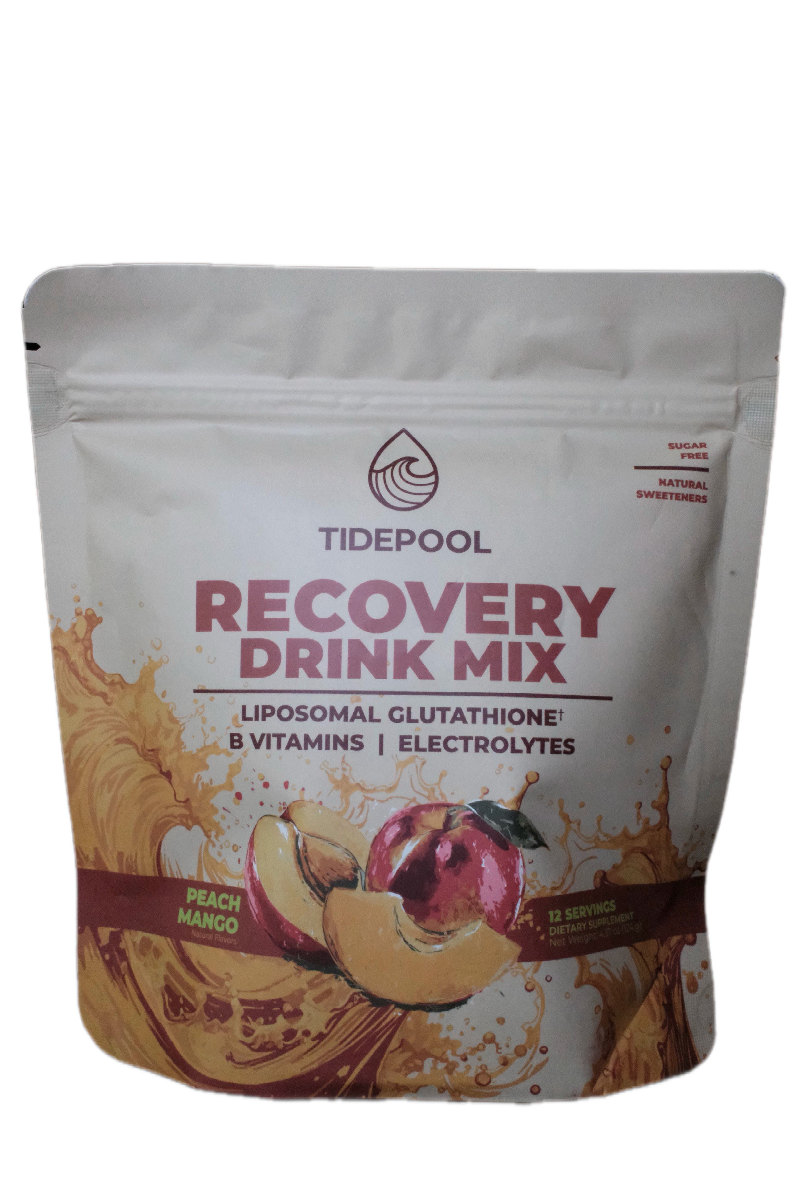 A stand-up pouch of Tidepool Recovery Drink Mix in Peach Mango flavor, featuring a white background with peach and brown splash graphics and a peach illustration on the front.