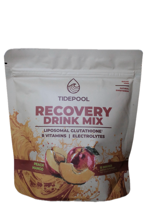 A stand-up pouch of Tidepool Recovery Drink Mix in Peach Mango flavor, featuring a white background with peach and brown splash graphics and a peach illustration on the front.