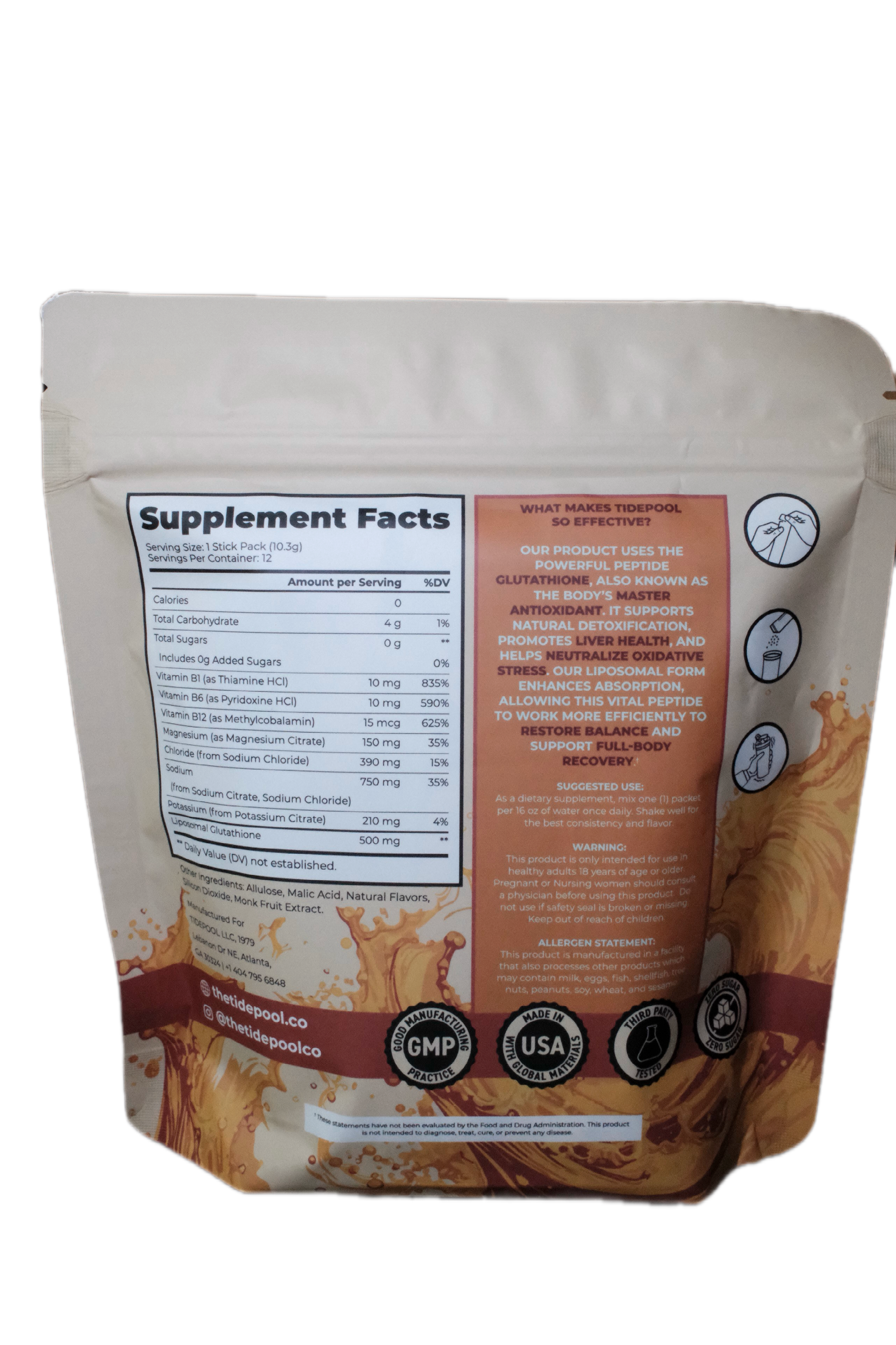 Back view of a stand-up supplement pouch showing the Supplement Facts panel, ingredients list, and product information on a white background.