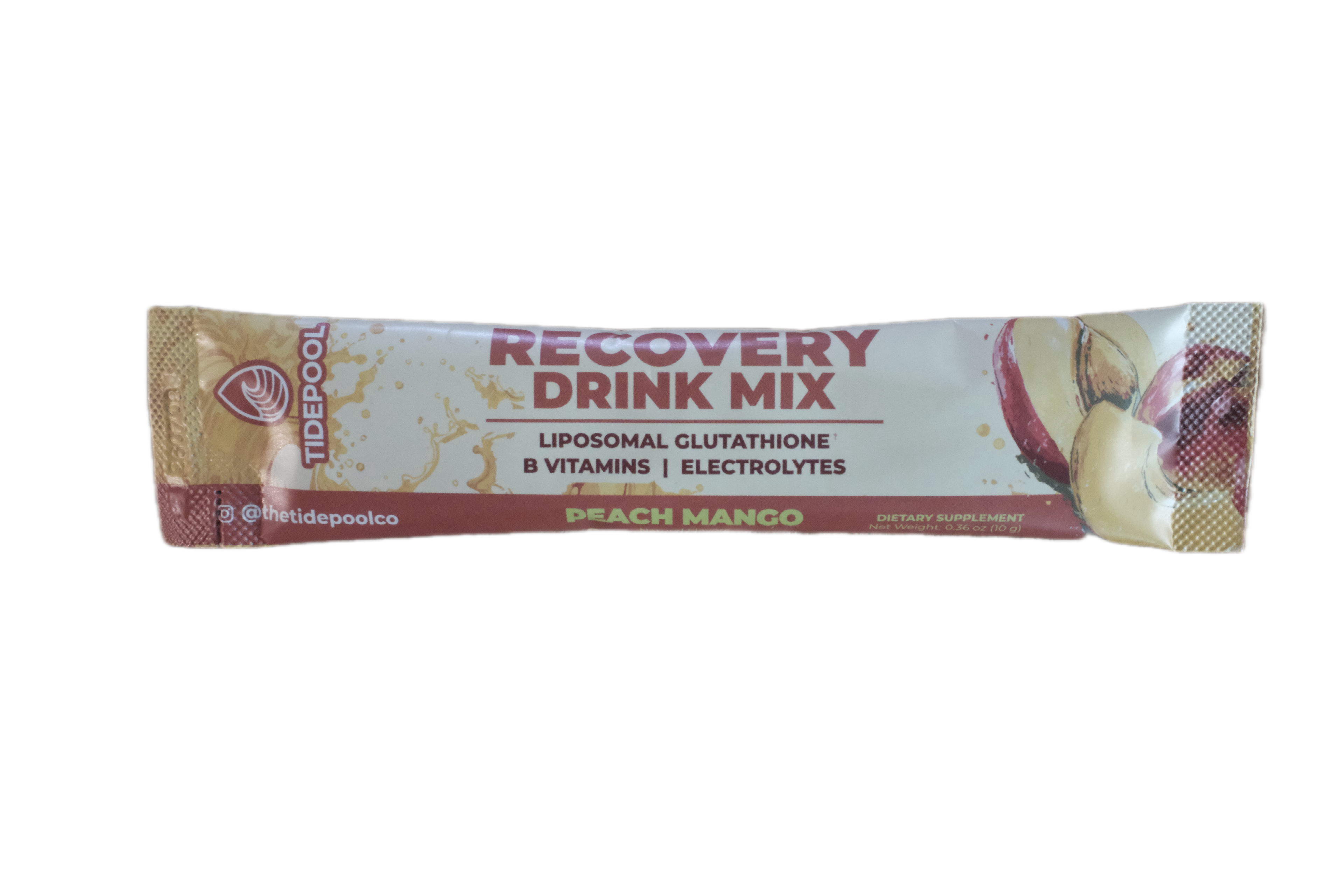 A single stick pack of Tidepool Recovery Drink Mix in Peach Mango flavor, featuring a white and red wrapper with illustrations of a peach and mango, set against a plain white background.