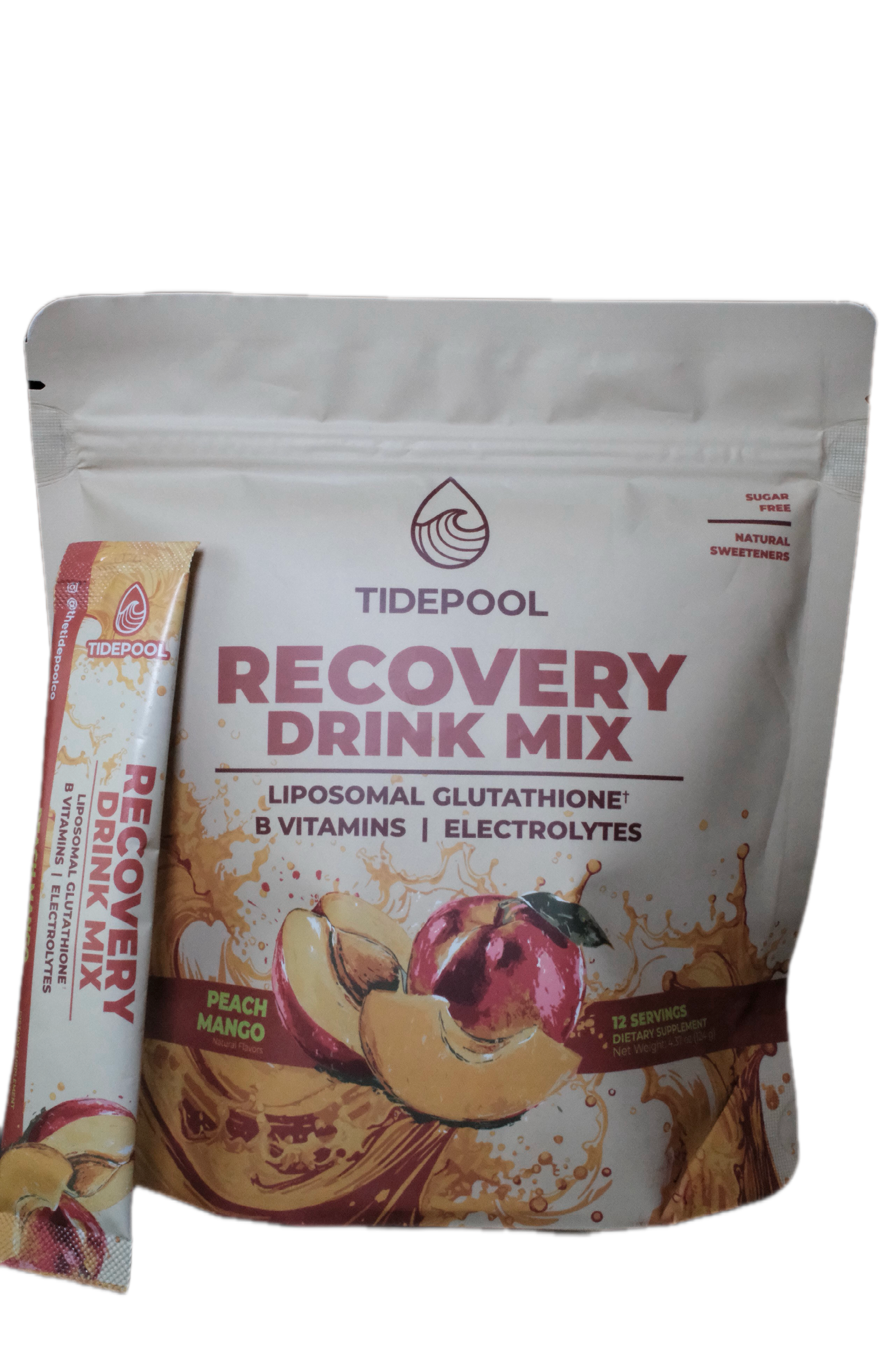 A stand-up pouch of Tidepool Recovery Drink Mix in Peach Mango flavor, shown with a single included stick pack on a plain white background.