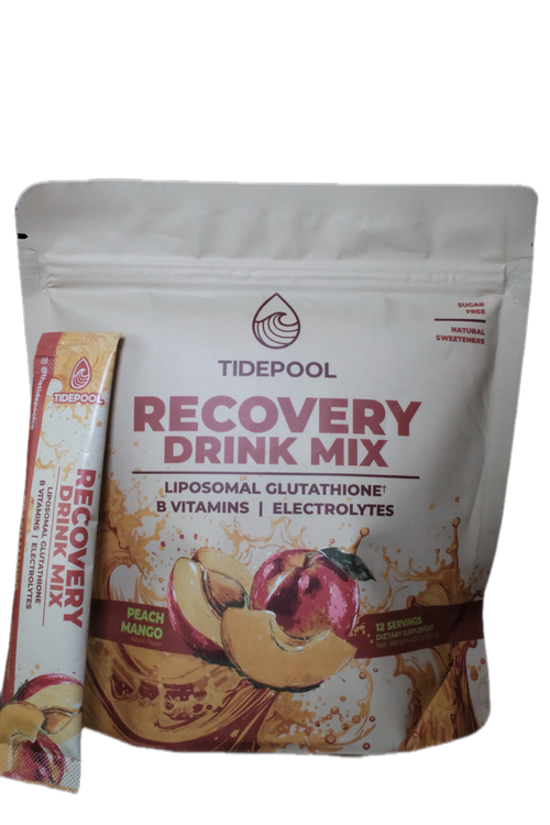 A stand-up pouch of Tidepool Recovery Drink Mix in Peach Mango flavor, shown with a single included stick pack on a plain white background.